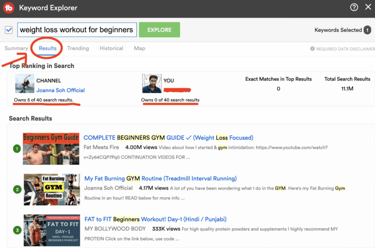youtube keyword results