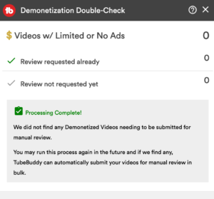 Tubebuddy demonetization double check