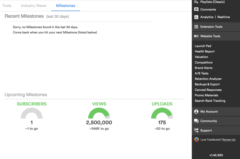 Tubebuddy milestones